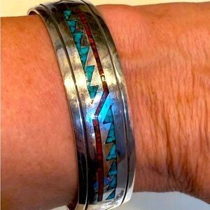 Vintage Native American Indian Sterling Silver Bracelet crushed turquoise, coral
